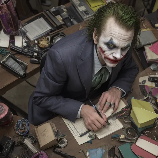 The Joker nervously sweating as he realizes the IRS is on to him,office,sitting at desk,worried,looking up at veiwer,from above, cyberpunk city,scene from cyberpunk edgerunners, machinery,cybernetics