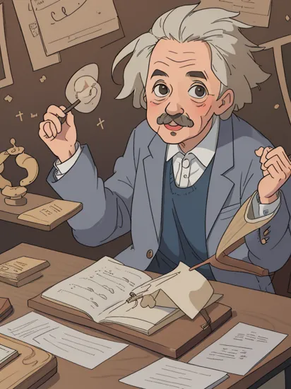 Albert Einstein is sitting at a wooden desk in a dimly lit room. He is writing equations on a piece of paper. Suddenly, the equations start to come to life, forming 3D objects that float around him. The objects are intricate and accurate, with every detail visible in 8K. Einstein is amazed and looks up at the objects with awe.