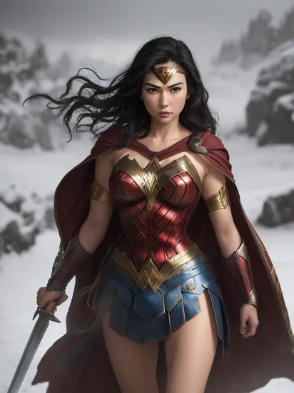 jim lee,

1girl, wonder woman, armlet, black hair, blurry, bracer, breath, cape, cowboy shot, depth of field, holding, holding weapon, lasso, looking at viewer, parted lips, pommel, realistic, reverse grip, shield, skirt, snow, snowing, solo, superhero, sword, tiara, toned, weapon, weapon behind back

, ((masterpiece))

 