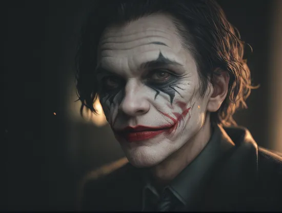 Joker risen from the ashes, sparks, 8k, hd, contour light, high contrast, depth of field, ultra detail, photorealism, cinematography, gigantism, from the first person, lots of details, dark tone, bokeh, epic frame, super realistic texture