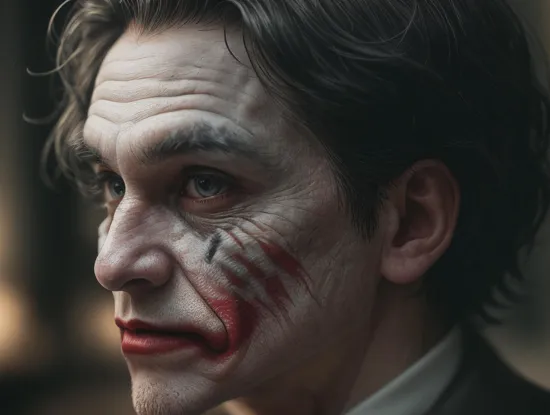 Joker risen from the ashes, sparks, 8k, hd, contour light, high contrast, depth of field, ultra detail, photorealism, cinematography, gigantism, from the first person, lots of details, dark tone, bokeh, epic frame, super realistic texture