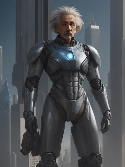 cinematic film still In the image, we see Albert Einstein wearing a majestic mech suit. The suit is made of gleaming silver metal, with intricate details and glowing blue accents. It stands tall against a backdrop of a futuristic cityscape, featuring towering skyscrapers and flying vehicles. The image quality is exceptional, capturing every fine detail of Einstein's suit and the vibrant city as if it were a real-life scene. The colors are vivid, and the lighting adds depth and realism to the image. . shallow depth of field, vignette, highly detailed, high budget, bokeh, cinemascope, moody, epic, gorgeous, film grain, grainy