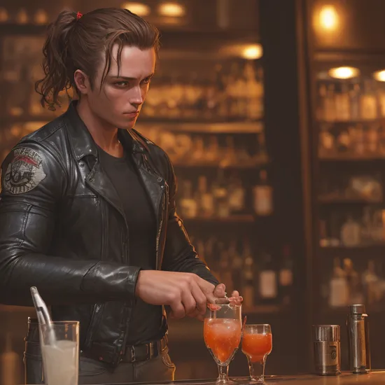 bartender terminator serving drinks at a party, realistic, highly detailed