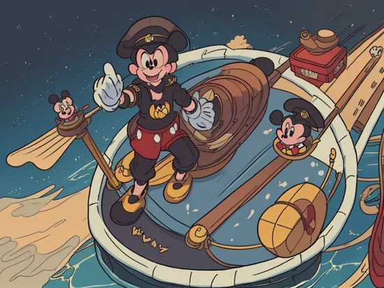 {(mickey mouse wearing a captain's hat and cartoon gloves, steering steamboat willy:1.3) on (lake huron:0.3)}