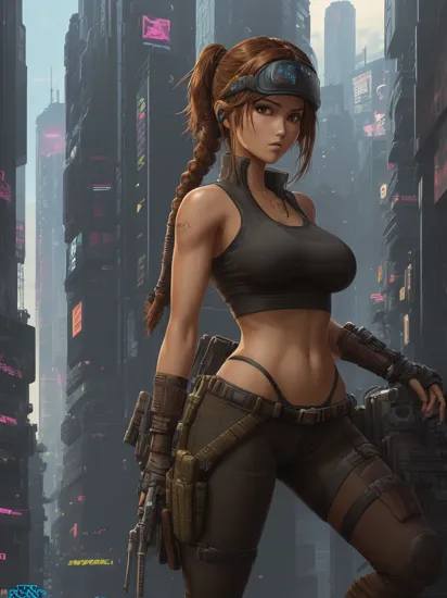 Anime artwork,  Lara Croft,  wearing VR helmet,  hacking on a computer. cyberpunk 2077 cityscape,  art by Msamune Shirow,  art by J.C. Leyendecker,  anime style,  key visual,  vibrant,  studio anime,  highly detailed