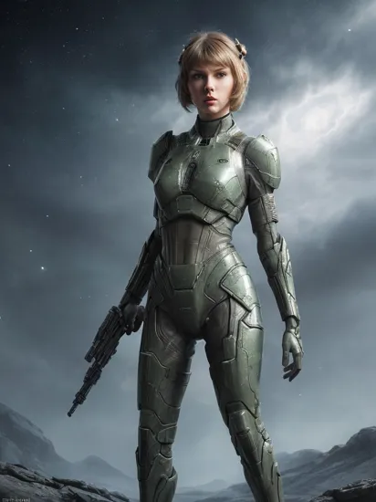 A stunning digital painting of (taylor swift:1.0),solo, (middle shot:1.4), realistic, masterpiece, best quality, high detailed, (As female Master Chief from Halo, imagine her in a futuristic, full-body armor, amidst the cosmic background of a war-torn planet. This epic, high-resolution masterpiece will capture her resolve and tactical brilliance, resulting in a compelling, space-warfare-filled, iconic artwork in an astonishingly realistic, highly immersive 8K quality.:1.1),(in the style of Keith Parkinson:1.1),epic fantasy character art, concept art, fantasy art,  fantasy art, vibrant high contrast,trending on ArtStation, dramatic lighting, ambient occlusion, volumetric lighting, emotional, Deviant-art, hyper detailed illustration, 8k, gorgeous lighting, ,vamptech ,(full height portrait:1.8),(Short bob with pearl hairpins: A short bob with pearl hairpins tucked on one side, creating a classy and elegant appearance.:1.2)