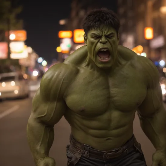 hulk, angry expression, open mouth, streets, night, cowboy shot, dramatic lighting, intricate details, masterpiece, absurdres, best quality, realistic, Highest Quality, (diffused soft light), dramatic lighting, highly detailed photo 