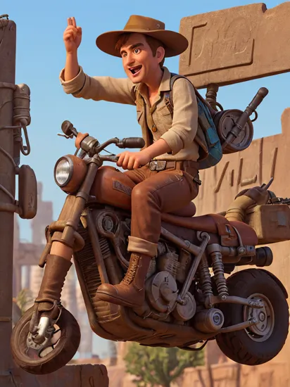 Indiana Jones as A cyberpunk with a hi-tech vehicle,  riding through the sky,  wasteland,  cyberpunk style, , , 