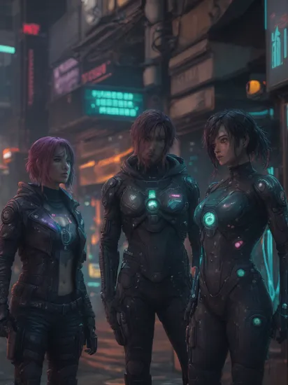 Two people, Cortana and Master Chief, reimainged in a cyberpunk universe, cyberpunk, cyberpunk style, cyberpunk style art, cyberpunk surroundings, glowing multicolored neon lights, glowing tattoos, rain, raining, lightning, cinematic scene, detailed background, masterpiece, best quality, high quality, highres, absurdres, 16k resolution    