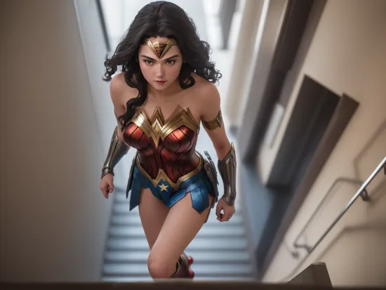 DC movies,from above,photo of a 18 year old girl,wonder woman,going up the stairs,putting hand on handrail,happy,ray tracing,detail shadow,shot on Fujifilm X-T4,85mm f1.2,sharp focus,depth of field,blurry background,bokeh,,