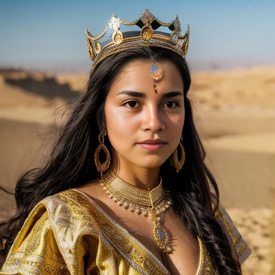 Arabian princess with large crown and jewels in  desert