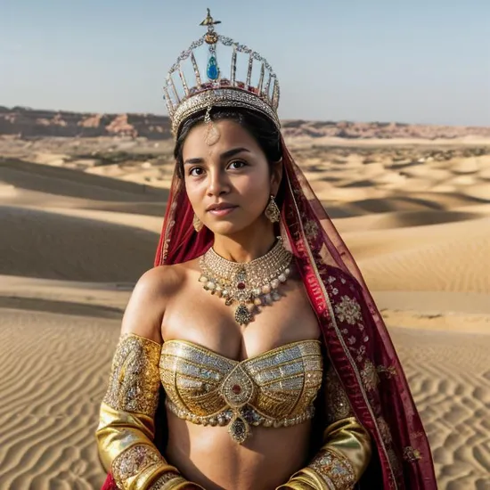 Arabian princess with large crown and jewels in  desert