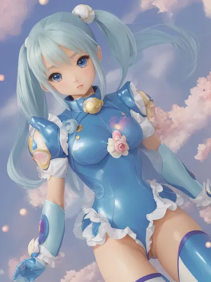 (kanamemadokaoutfit:1), (samus aran) dressed in (puffy blue magical girl outfit), (ponytail), magical girl, masterpiece, best quality, (perfect face, beautiful face, symmetric face)