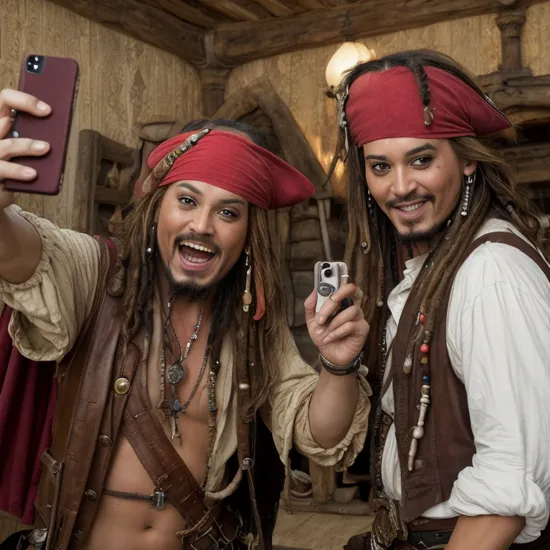 (masterpiece), (best quality), (photorealism),(HDR), (Hyperrealistic), pirate king Hulk and captain jack sparrow taking selfie, both are funny, laughing