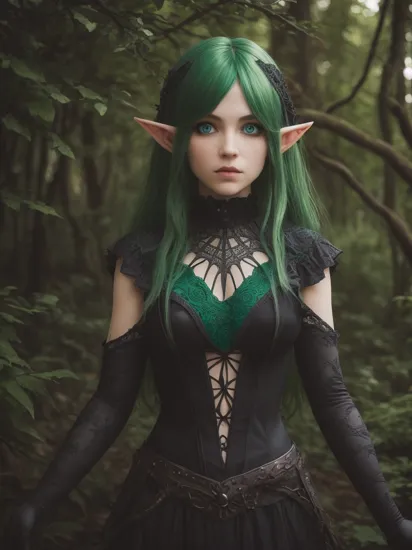 photography of a gothic elf, upper body, green hair, perfect eyes, intricate details, forest, realism  black Spider Man costume,  cyan spider web print