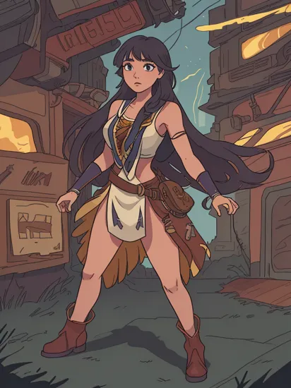 Disney's (Pocahontas:1.2) as a cyberpunk character, (Julia Jones:0.8), long flowy straight hair, american-indian outfit, leather dress, tribal, (cybernetic body part:1.1), full body visible, looking at viewer, medium view, hero pose,   cyberpunkai, dystopian city background, detailed, sharp, HD, HDR, masterpiece, best quality, best resolution, splashscreen, cinematic lighting, depth of field, epic, dramatic