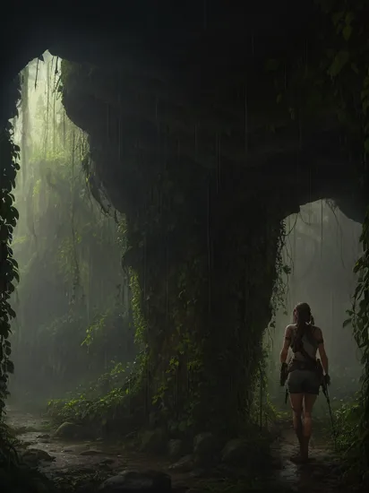 Lara Croft looking out of a cave in a dense jungle during a thunderstorm, (seen from the back), rain, lightning, jungle, plants, ((vines)), ultra detailed, photograph, masterpiece, photorealistic, atmospheric, dark, (ground fog), Canon, Sony, Lumix, 8k, UHD