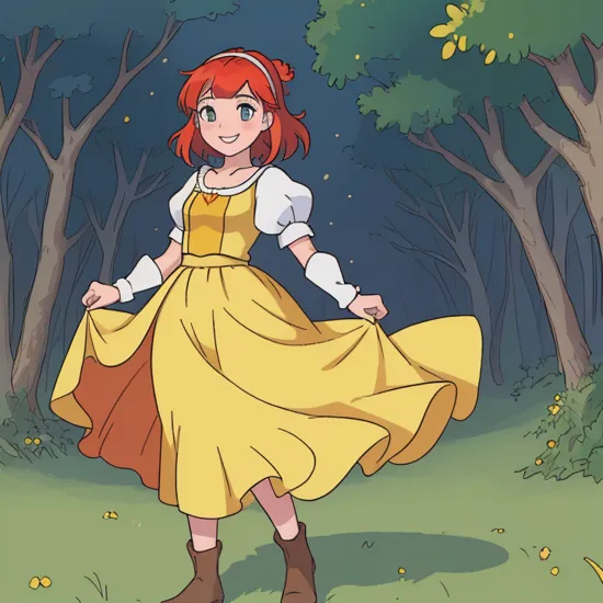 (masterpiece, best quality, high resolution:1.4), portrait, snow white, 1girl, woman, smile, looking at viewer, (medieval dress, yellow skirt, long skirt, red hairband), ,
disney style, comic, cartoon, castle, forest,