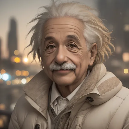 Portrait photo of the albert einstein in white puffer jacket, (laughing:0.7), posing, look at a camera,  complex city background, backlit, (cinematic:1.5), epic realistic, hyperdetailed, insane details, intricate details, accent lighting, soft volumetric light, bokeh, (dramatic light:1.2), (neutral colors:1.3), cross process