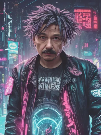 Albert Einstein, (reimagined in a cyberpunk universe), (cyberpunk style), (cyberpunk), (cyberpunk outfit), (punk hair), (augmentation), cybernetics, glowing neon lights, cinematic scene, hero view, action pose, beautiful 8k, detailed background, masterpiece, best quality, high quality, absurdres, vivid., Vector art, Vivid colors, Clean lines, Sharp edges, Minimalist, Precise geometry, Simplistic, Smooth curves, Bold outlines, Crisp shapes, Flat colors, Illustration art piece, High contrast shadows, Technical illustration, Graphic design, Vector graphics, High contrast, Precision artwork, Linear compositions, Scalable artwork, Digital art,