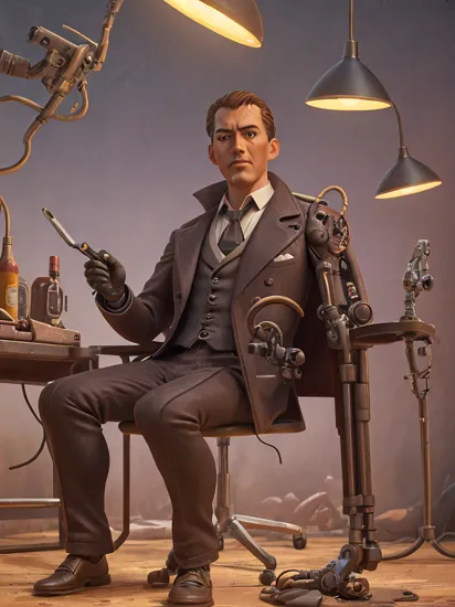 novel illustration of sherlock holmes,  cyborg, 
 holding smoking pipe
mechanical arms
sitting on  a chair
shadow, dim light, dark room. messy, detailed , neon lights, 
science fiction,  cyberpunk
 dystopian futuristic
 (art by Noriyoshi Ohrai)
[(details:1.2): [ (many small details:1.3) : [ (many ultrasmall details: 1.2):(very detailed ultrasmall edges and microrelief:1.5):0.7 ]: 0.4 ] :0.2]