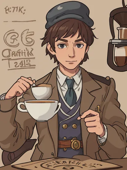 Photorealistic 8K, Sherlock Holmes as a barista, optimized for 768x1344, brewing 'Elementary Espresso,' magnifying glass to inspect coffee beans, highly detailed, Watson enjoying a latte with a foam deerstalker hat design