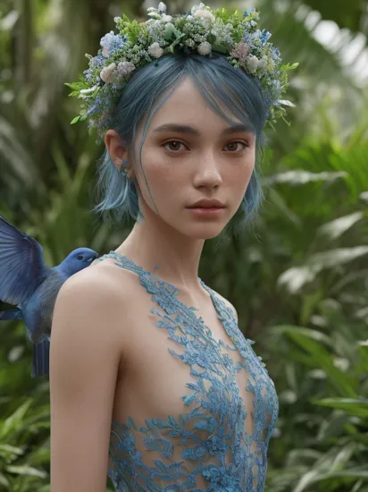 fashion photography portrait of blue human avatar, in blue lush jungle with flowers and birds, 3d render, cgi, symetrical, octane render, 35mm, bokeh, 9:16, (intricate details:1.12), hdr, (intricate details, hyperdetailed:1.15), (natural skin texture, hyperrealism, soft light, sharp:1.2) <lora:Nyusha_v1:0.7>