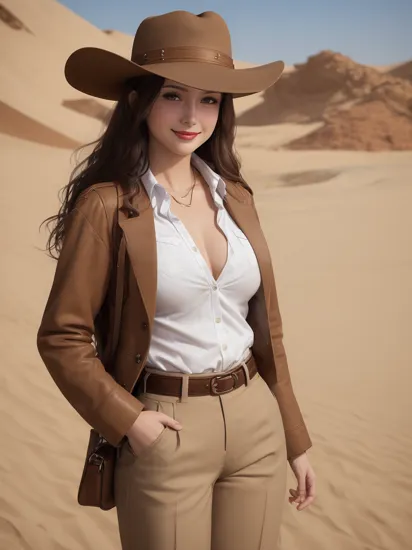 (masterpiece, best quality, detailed), 1girl, solo, mireibou, lipstick, smile, parted lips, looking at viewer, fedora, brown headwear, brown pants, black belt, cowboy hat, brown jacket, leather jacket, indiana jones, white shirt, satchel, desert, sand, dust, sun, crossed arms, breast hold, arms under breasts