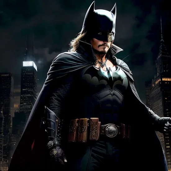 Johnny Depp, (Stoic Batman @JohnnyDepp )), stands in the spotlight, the bat signal casting a glow over the nighttime cityscape. Dressed in the signature gray suit with the iconic bat emblem, his black cape drapes behind him. The utility belt cinches his silhouette, as he surveys Gotham from his vantage point, embodying the quintessential dark knight.