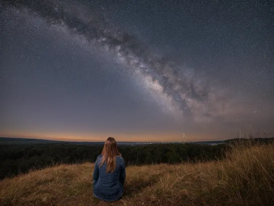 1girl sitting on a hill and looking up at a vibrant night sky of shooting stars, forest, moody, facing away, astrophotography, atmospheric moonlight, highres, distant city