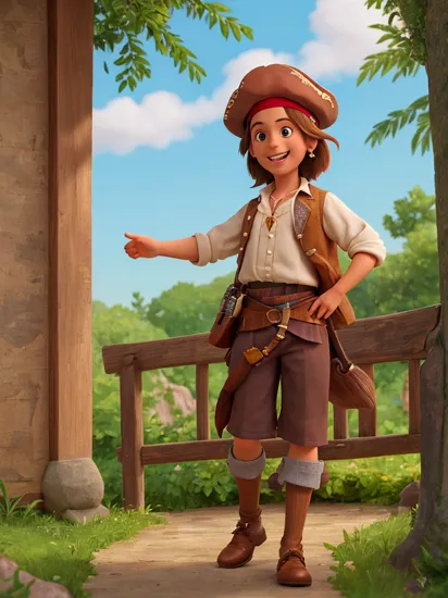 Highly detailed, High Quality, Masterpiece, beautiful, 1boy, solo, , outdoors, full body, looking away, 1990s \(style\), jack sparrow, brown eyes, hat, brown hair, earrings, hat, pirate, jewelry, shirt, short hair, white shirt,  , smile