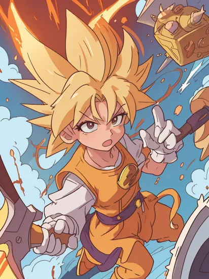 (masterpiece, best quality:1.2), 8k, uhd, hdr,    mascot, non human,  SuperSaiyan, blonde hair, super saiyan, spiked hair, aura, electricity, mickey mouse, animal ears, white gloves, holding axe, axe 