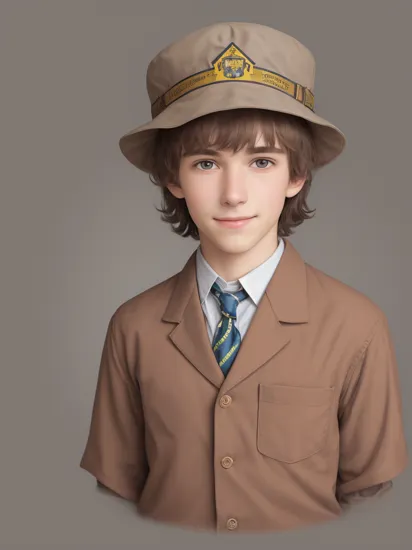 , school yearbook photos, background,  portrait,
boy, Sherlock Holmes deerstalker hat with a tie-dye shirt, Full Bangs, grinning, whistle, [cleavage], vivid eyes