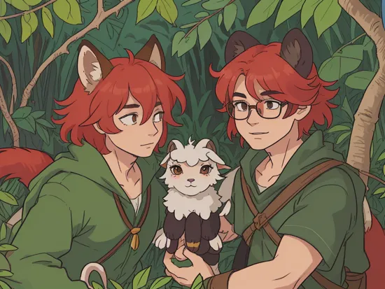 (an anthro foxboy on a jungle adventure with his feral pet lamb:1.3), (e621, art by geppei, geppei5959), duo, 2 characters, anthro foxboy, feral lamb, detailed face, eyeglasses, red fox, male, adult, slim, adventurer outfit, whip, (indiana jones) fluffy ears, (fluffy tail), tousled red hair, realistic hair, realistic fur, detailed background, lush green jungle background, night, (HDR), photorealistic, ultra realistic, 8k, focus on character, (facial expression), 