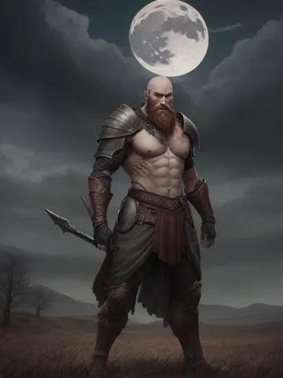 kratosGOW_soul3142, scar, beard, bald, armor, looking at viewer,serious, standing, upper body shot, outside, field, trees, black sky, clouds, moon, fantasy, high quality, masterpiece, 