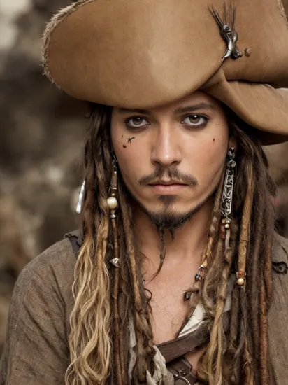 Highly detailed, High Quality, Masterpiece, beautiful, IncrsBurntScar, scar, covered eyes, , 1boy, jack sparrow, hat, brown hair, earrings, hat, pirate, jewelry, short hair,  