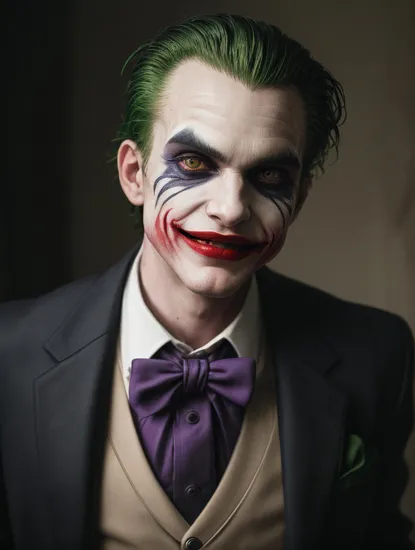 (masterpiece:1.2), absurdres, A photorealtic shot the Joker from DC Comics, an unnaturally wide and maniacal grin, a leering smile, deathly pale white skin, red lipstick, disheveled bright green hair, slicked back hair, his pupils are small and black, irratic eyes, with thick black eyeliner, wearing a purple suit, break, green bow tie, menacing, (highly detailed:1.3)