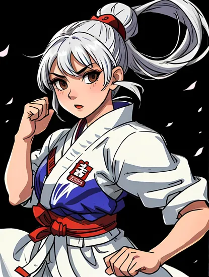 Karateca traje kimono blanco de karate,  similar a ryu de street  fighter sin guantes y sin cintillo en la cabeza , con aspecto fuerte, rudo, con fondo de colores y la imagen con estilo street art, cuerpo completo 