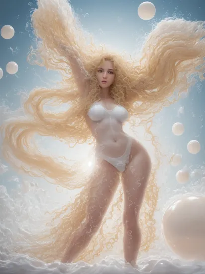 (dynamic pose:1.2),(dynamic camera),cute mythological skinny slim young goddess,(long blonde curly hair:1.3),(look to camera),(posing for photoshoot:1.2), godrays,(wind swirl floating (foam balls) on abstract volumetric background:1.3), in the style of intimacy, dreamscape portraiture,  solarization, shiny kitsch pop art, solarization effect, reflections and mirroring, photobash, (composition centering, conceptual photography), , (natural colors, correct white balance, color correction, dehaze,clarity)