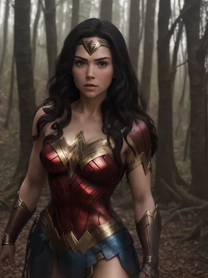 movie still, Wonder Woman, standing, dense trees, barren forest, from front, sharp focus, cinematic shot, (high detailed skin:1.1)
  natdormer