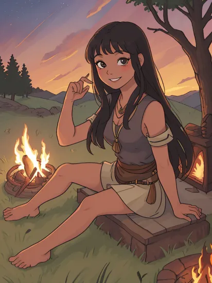 pocahontas, long black hair, necklace, dress, dark skin, barefoot, looking at viewer,smiling, sitting, on grass, campfire, dusk, twilight sky, high quality, masterpiece, 