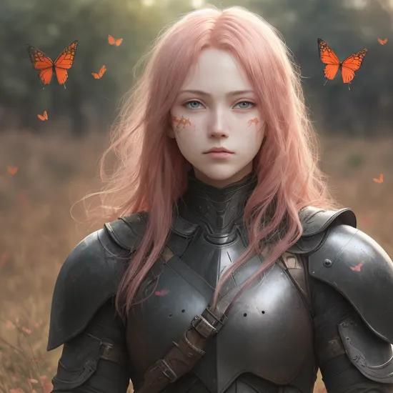 digital art, equality, , (sunlight on face), filmgrain, wearing heavy black iron armor, wide opened eyes, hdr, (flying translucent vermilion butterflies:1.15), a photo that tells a (conceptual:1.4) story, pink hair, 