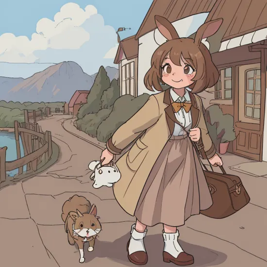 , masterpiece, best quality, ((by marthedog, by tolsticot, by nitro)), 1girl, solo, looking at viewer, blush, smile, closed mouth, gloves, long sleeves, hat, dress, bow, animal ears, jacket, tail, full body, boots, socks, white gloves, bowtie, bag, rabbit ears, coat, brown eyes, brown footwear, happy, rabbit tail, furry, outline, brown jacket, handbag, shoulder bag, rabbit girl, furry female, animal nose, cream the rabbit , sonic the hedgehog \(series\), walking, outside, town, clouds, detailed background,