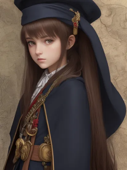 masterpiece, best quality, dramatic lighting, detailed face, detailed eyes,

1girl, cute, long hair, pony tail,  Napoleon Bonaparte cosplay, navy blue coat, cloak, regalia, sash, bicorn hat, Cockade,  dark hair,
serious expression, looking at viewer, looking at maps, map of Europe
