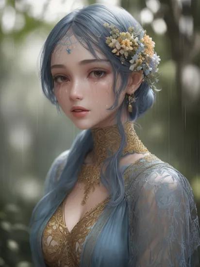 fashion photography portrait of blue human avatar,((whole body)),(Clothes with golden trimmings and natural patterns),metal ornaments, in blue lush jungle with flowers and birds, 3d render, cgi, symetrical, octane render, 35mm, bokeh, 9:16, (intricate details:1.12), hdr, (intricate details, hyperdetailed:1.15), (natural skin texture, hyperrealism, soft light, sharp:1.2, (busty:0.5) , Cried eyes, ((crying)),((outdoor)), (Wet body), ((raining)) ,((background defocused)):1.2, (((depth of field))):1.2,<lora:zhaoJinmaiChinese_v35:0.6>