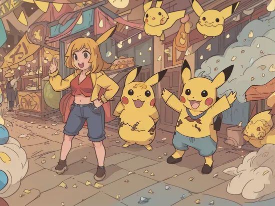 Pikachu (Hands on hips, displaying impatience,  hailstorm , A lively street fair, with food stalls, live music, and laughter:1.2), 