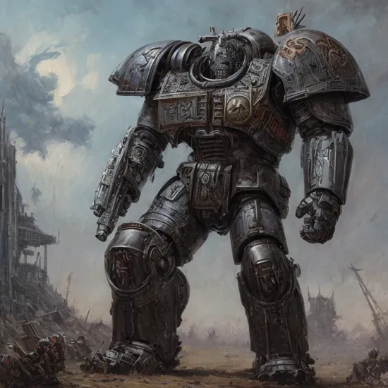 Masterpiece, (40k concept art), (Grey Knight Terminator), [space marine], epic, brutalism, highly detailed, RPG artwork, Warhammer, action pose, oil on canvas, grimdark, bold colors, (by Philippe Druillet:1.1)