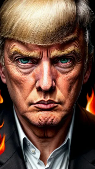 Strategic focus, (intense gaze), ((enigmatic male Donald Trump)), ((multicolored eyes)), chessboard forefront, tactical contemplation, glowing embers, dynamic lighting, strategic shadows, (illuminated silhouette), thought-provoking stance, vibrant contrast, (mesmerizing eyes), intellectual battlefield.