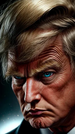 Strategic focus, (intense gaze), ((enigmatic male Donald Trump)), ((multicolored eyes)), chessboard forefront, tactical contemplation, glowing embers, dynamic lighting, strategic shadows, (illuminated silhouette), thought-provoking stance, vibrant contrast, (mesmerizing eyes), intellectual battlefield.