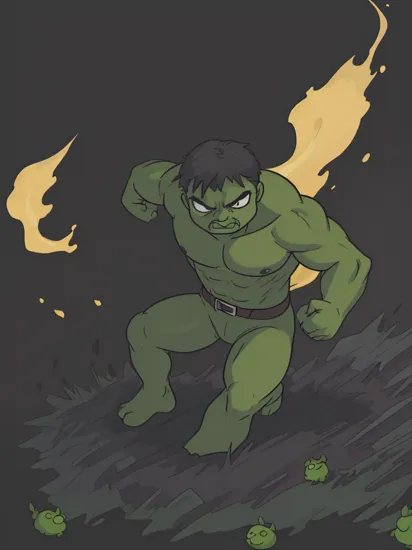 Little Hulk .Darkness, dark tones. Poisonous paints, cartoon. dark colors, black background.
